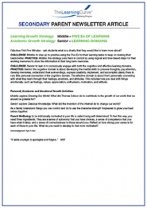 Parent Newsletter Article Week 28 - Middle: Five Es Of Learning / Senior: Learning Domains