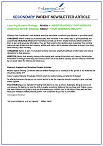 Parent Newsletter Article Week 7 - Middle: Understanding Your Memory / Senior: Your Working Memory